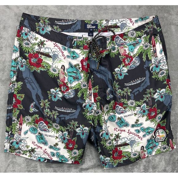 Reyn Spooner Men's Boardshorts Hawaii Oceanic Map Print Unlined 40‎ Patch Logo - Picture 1 of 8